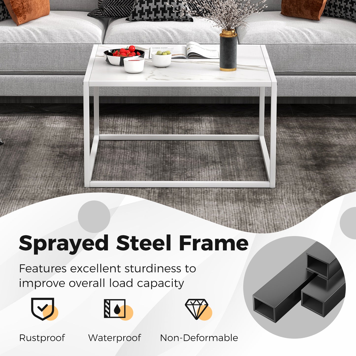 Glass Square Coffee Table, Metal Frame, White