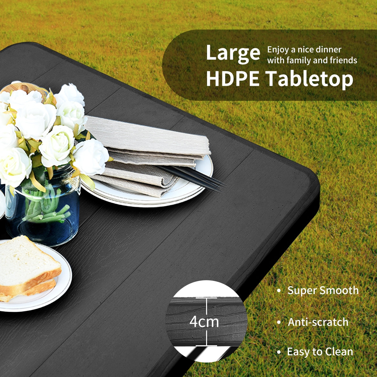 HDPE Outdoor Picnic Table Bench Set with Metal Base, Black Picnic Tables at Gallery Canada