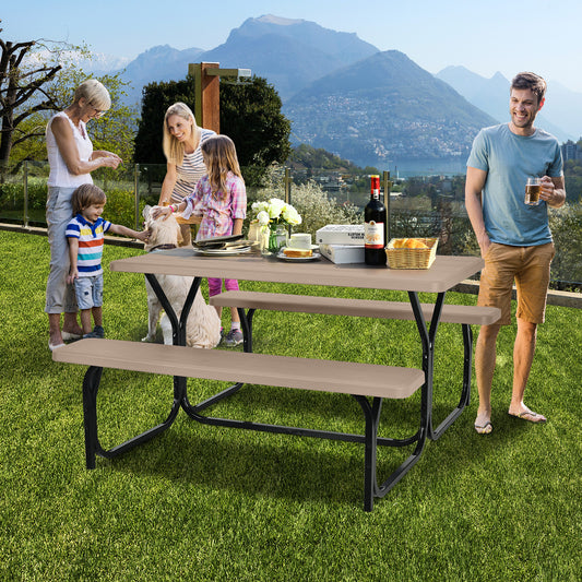 HDPE Outdoor Picnic Table Bench Set with Metal Base, Coffee Picnic Tables Coffee at Gallery Canada