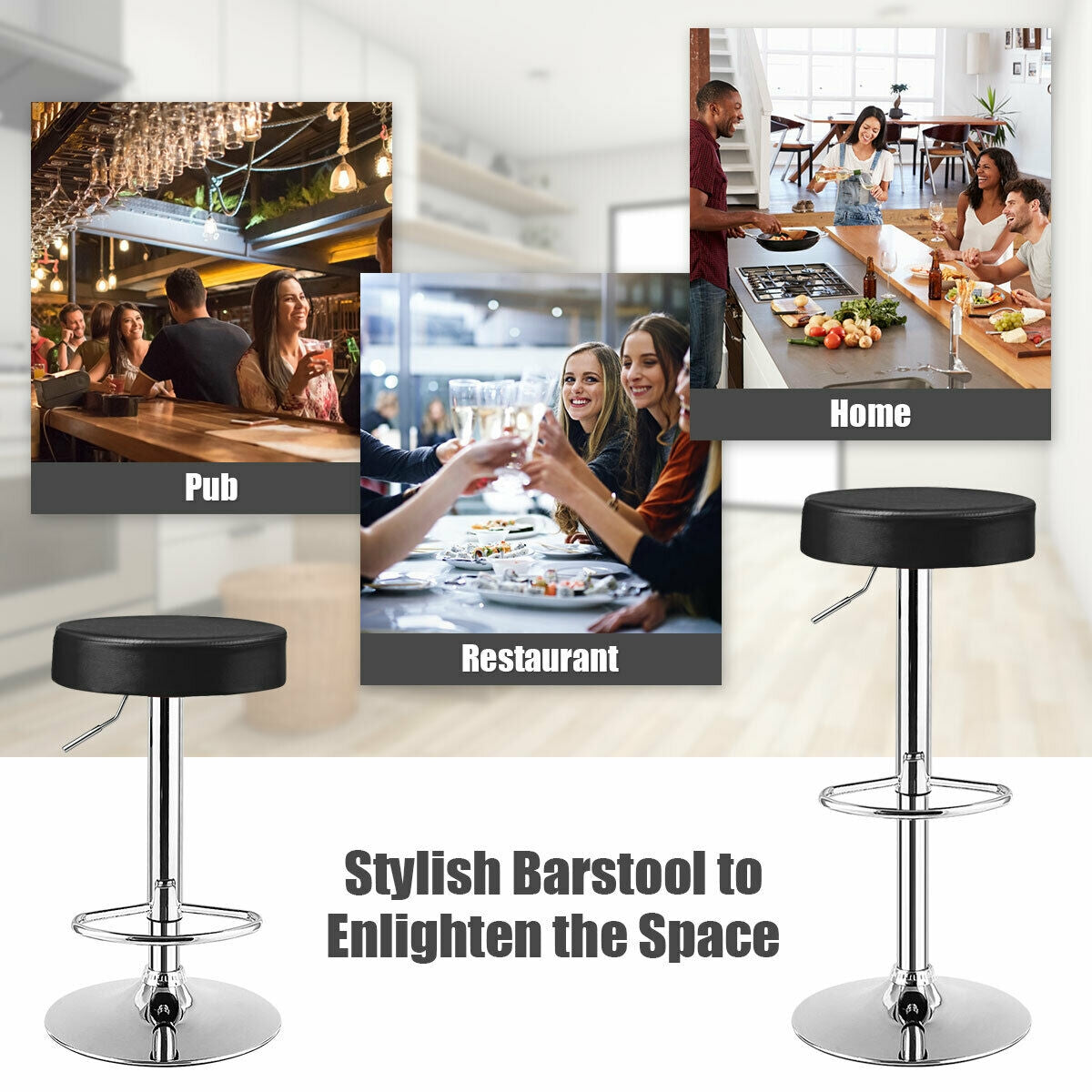Set of 2 Adjustable Swivel Round Bar Stools, Black Bar Stools at Gallery Canada