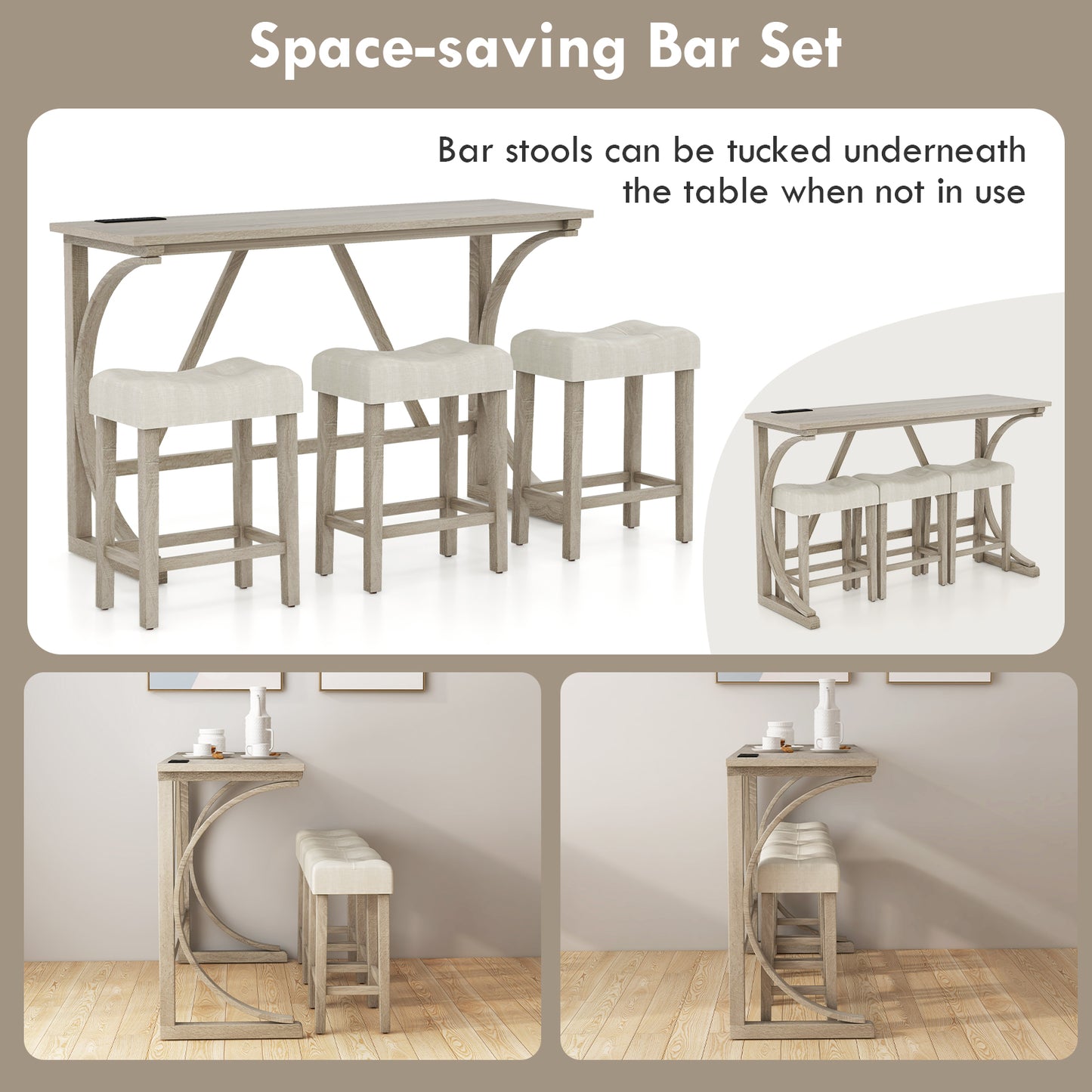 4-Piece Bar Table Set with Power Outlet and Upholstered Saddle Seat Stools-Grey and Beige, Beige & Gray Dining Room Sets at Gallery Canada