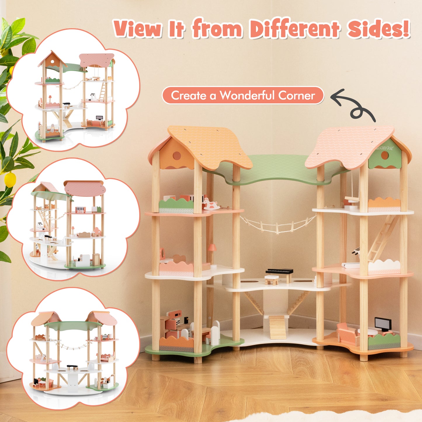 3-Tier Wooden Dollhouse, 32 Accessories, Multicolor Play Tents & Playhouse at Gallery Canada