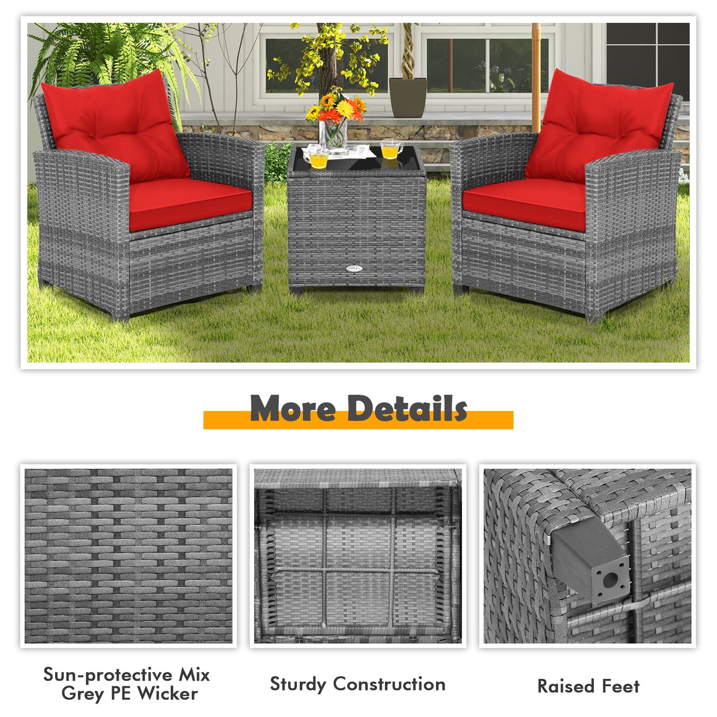 3 Pieces Outdoor Wicker Conversation Set with Tempered Glass Tabletop, Red Patio Conversation Sets at Gallery Canada