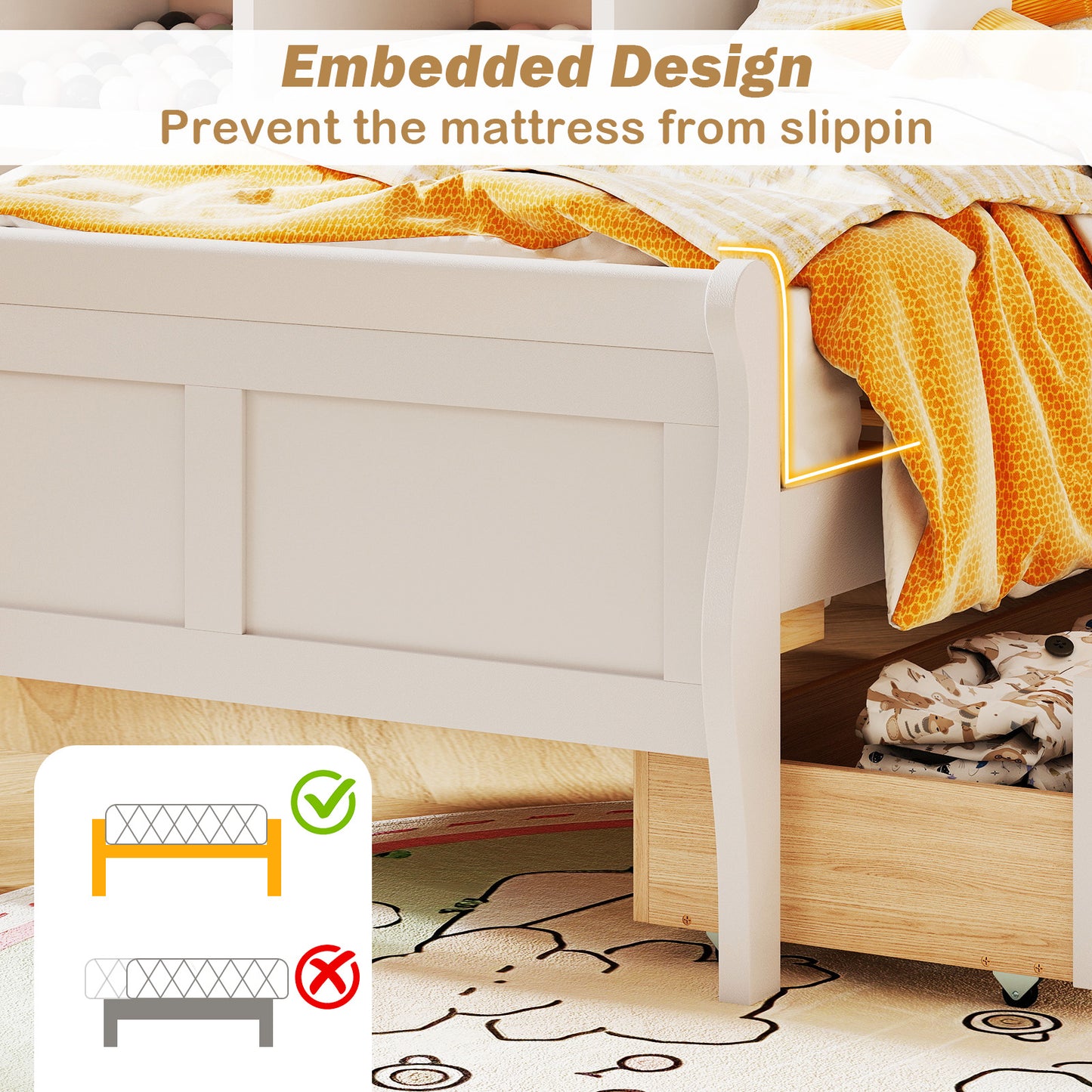 Twin Size Sleigh Bed, 2 Storage Drawers, Wood Platform Frame, White Simple Bed Frame at Gallery Canada