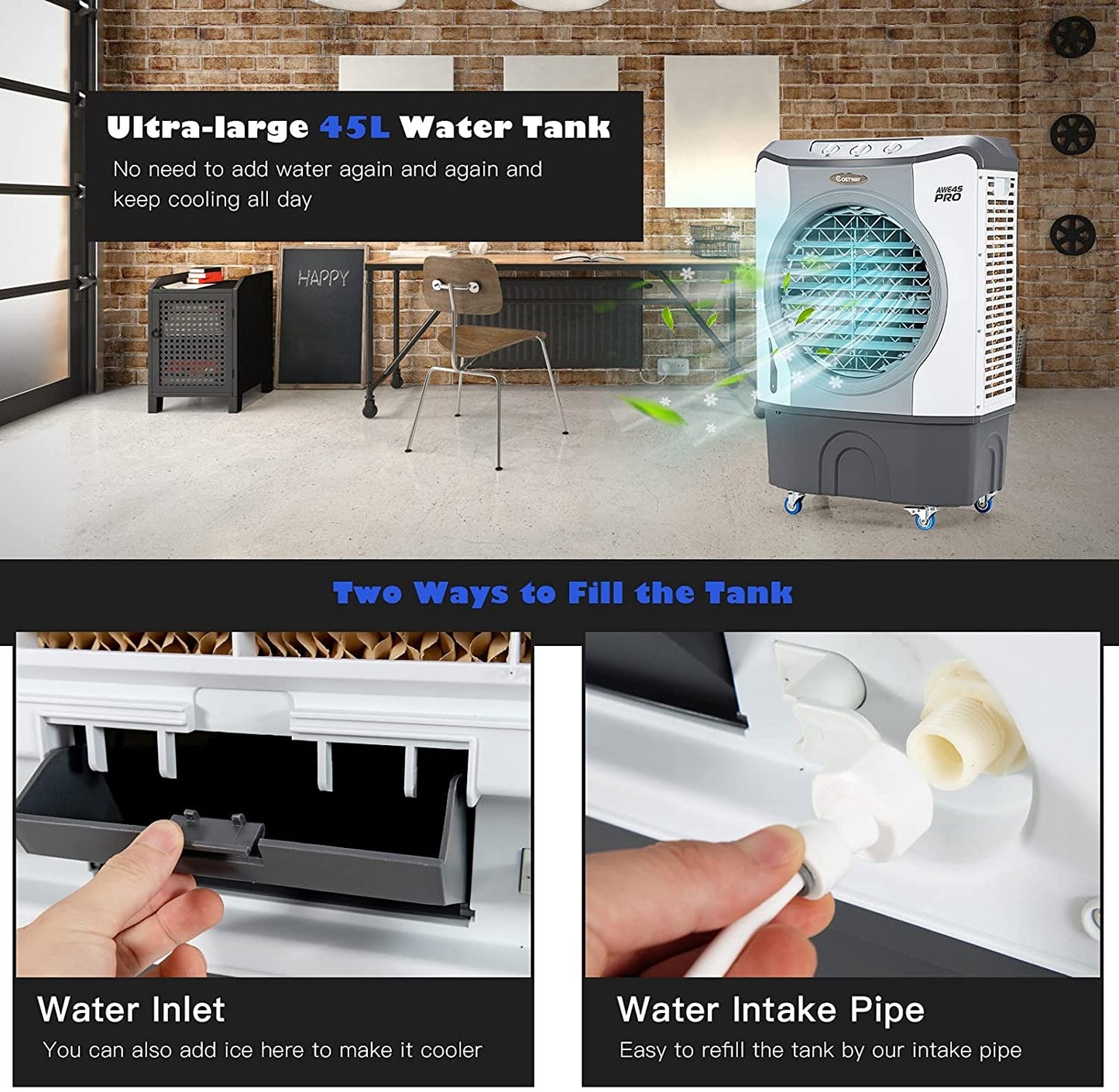 4-In-1 Industrial Evaporative Air Cooler, 12 Gallon Tank, Wheels, Gray Air Coolers at Gallery Canada