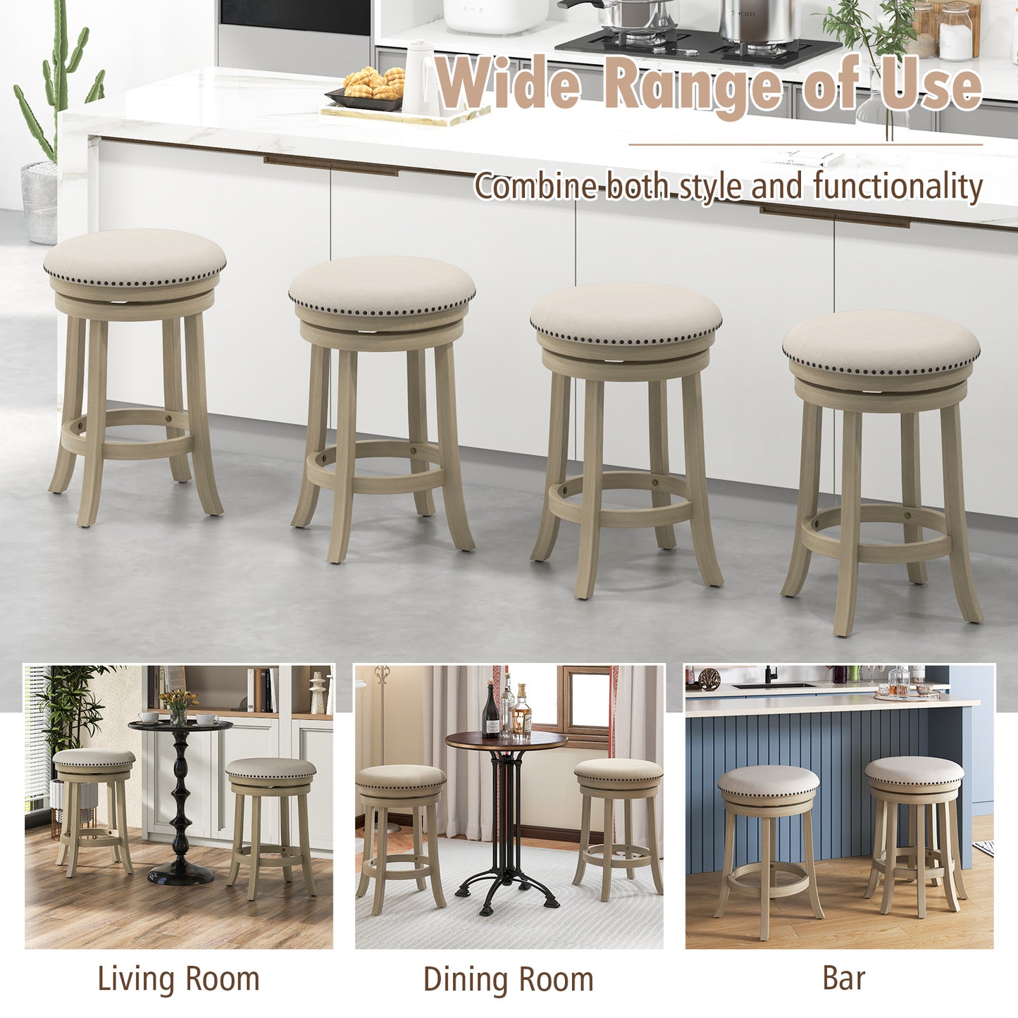 24/26 Inches Swivel Bar Stools Set of 2 wth Wooden Frame-26.5 inches, Beige Bar Stools at Gallery Canada