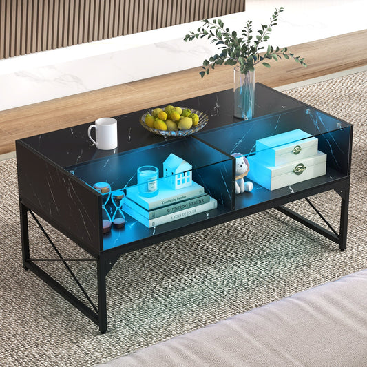 Center Table With Faux Marble, Tempered Glass Top, Black