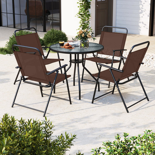 6 Piece Patio Dining Set, Folding Chairs, Glass Table, Tilt Umbrella