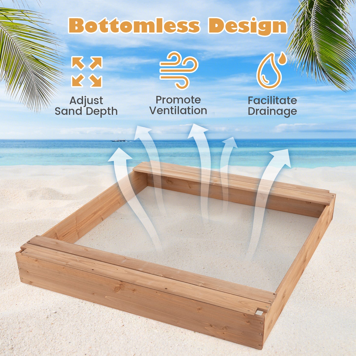 Bac à sable en bois pour enfants, 49 x 48 pouces, naturel, avec couverture et 2 sièges banc