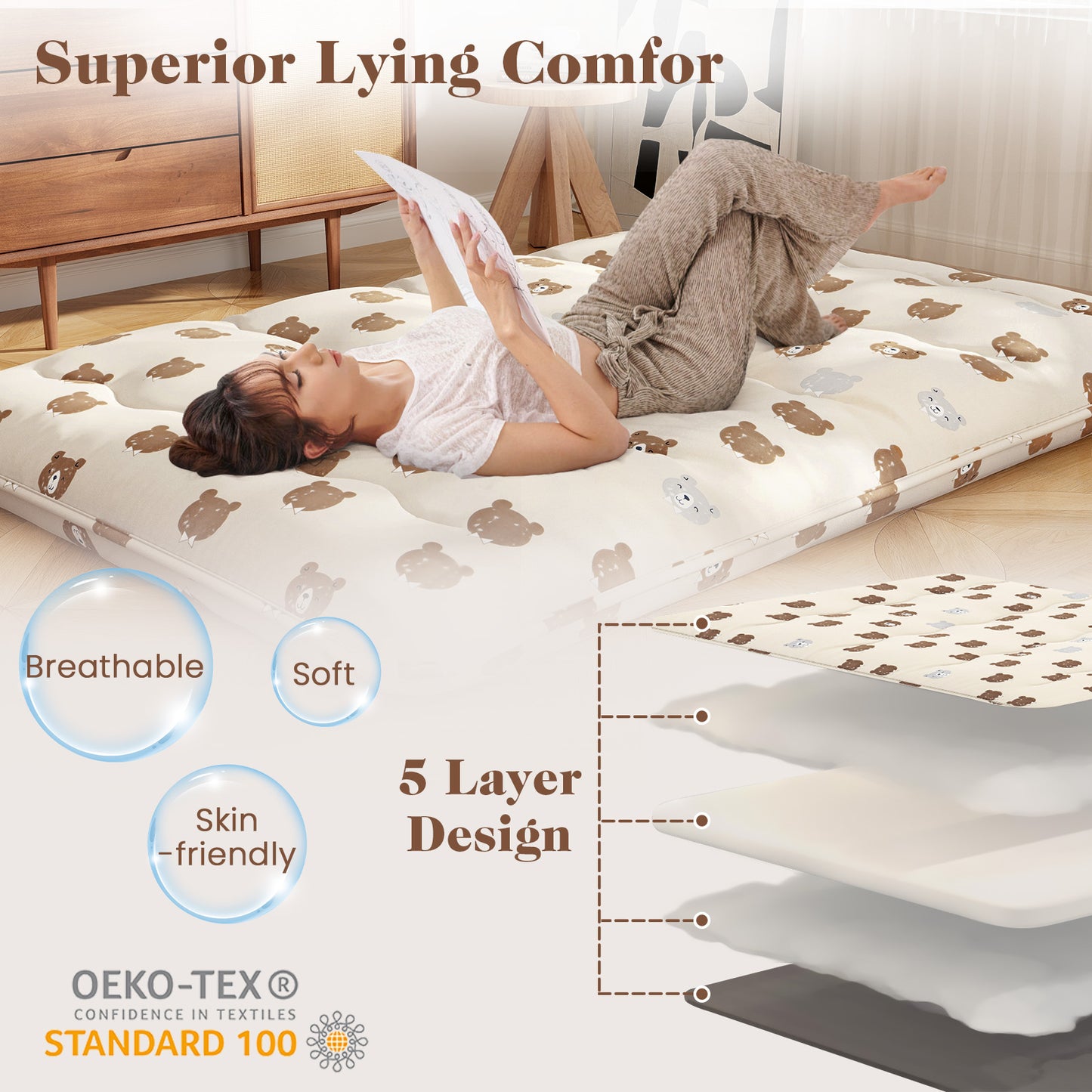 Foldable Futon Mattress, Full Size, Washable Cover, Carry Bag, Brown Mattresses at Gallery Canada