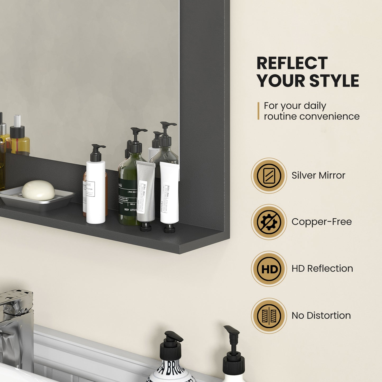 Rectangle Bathroom Mirror With Shelf, 23.5 x 17.5 Inch, Wood Frame, Gray Wall Mirrors at Gallery Canada