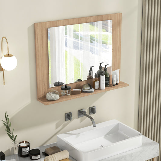 Rectangle Bathroom Mirror With Shelf, 23.5 x 17.5 Inch, Wood Frame, Brown Wall Mirrors Brown at Gallery Canada