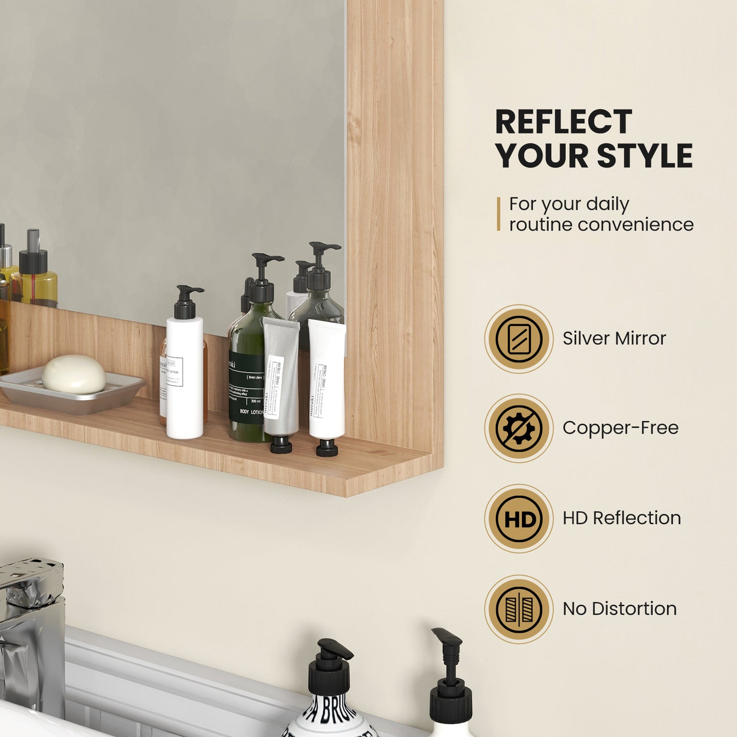Rectangle Bathroom Mirror With Shelf, 23.5 x 17.5 Inch, Wood Frame, Brown Wall Mirrors at Gallery Canada