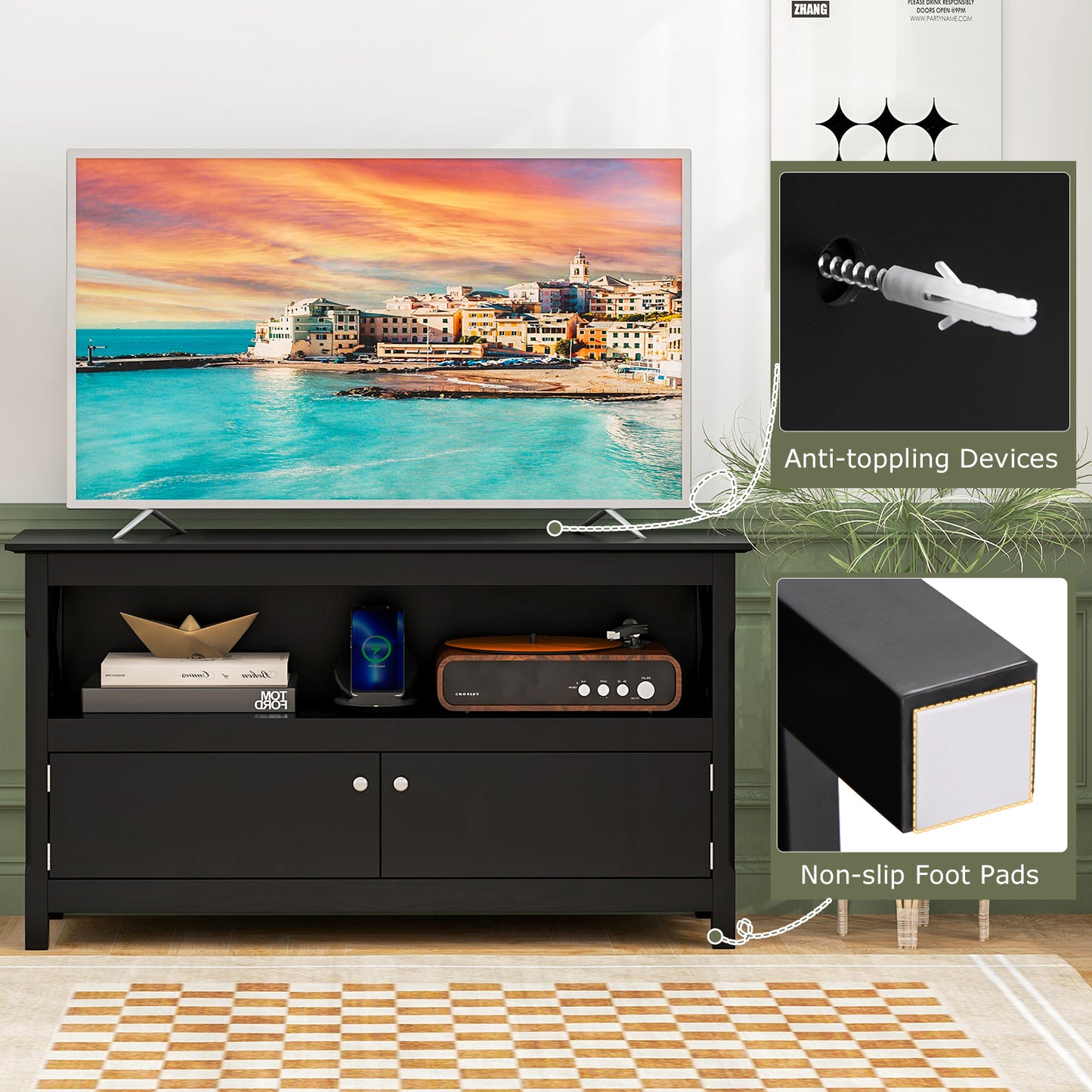 TV Stand Entertainment Center with Charging Station for TVs up to 50 Inch, Black Entertainment Centers & TV Stands at Gallery Canada
