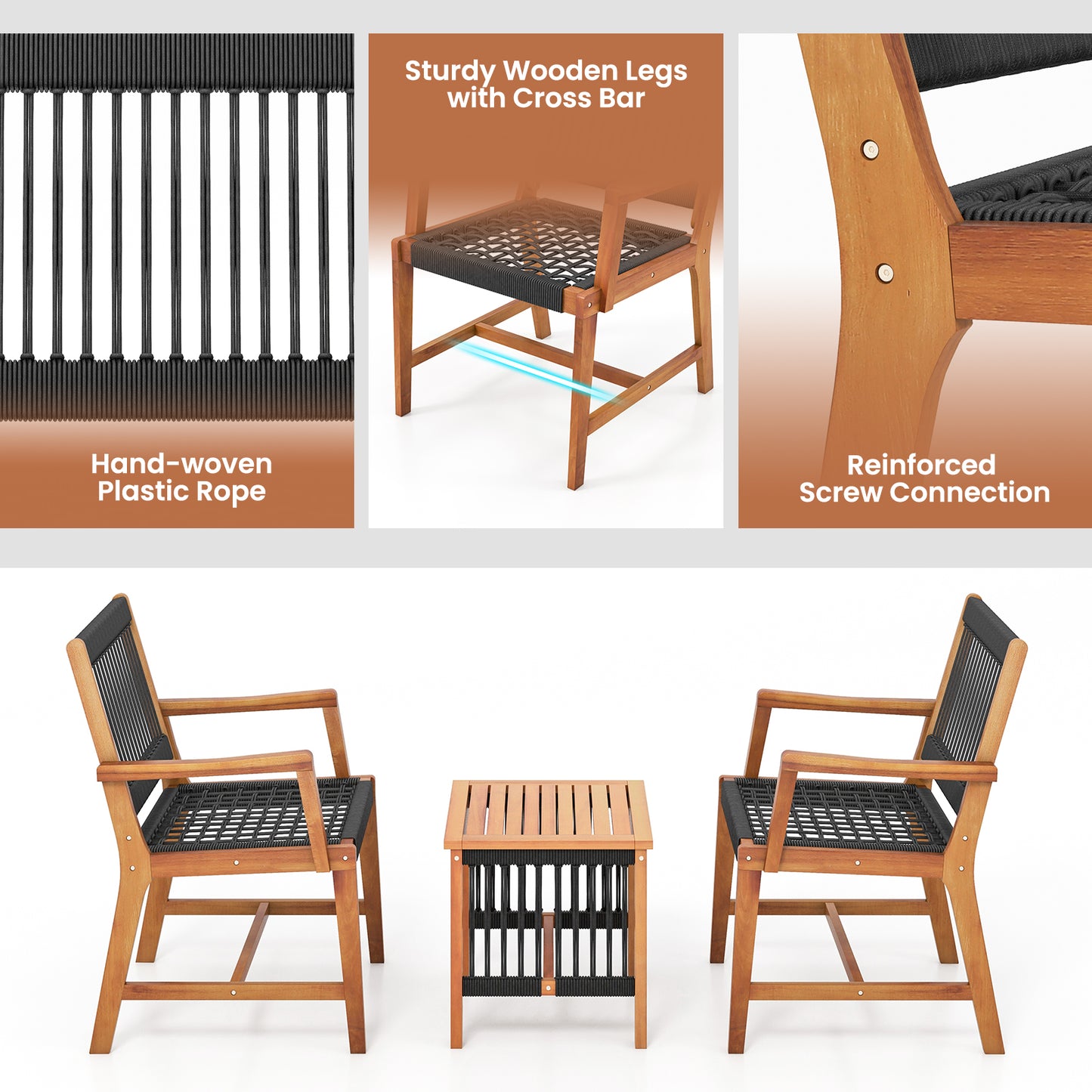 3 Piece Acacia Wood Patio Furniture Set, Armchairs Coffee Table, Multicolor Patio Conversation Sets at Gallery Canada