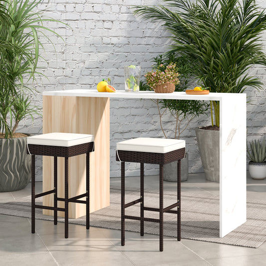 Rattan Barstools Set of 2, With Footrest and Cushions, Off White Patio Bar Furniture Off White at Gallery Canada