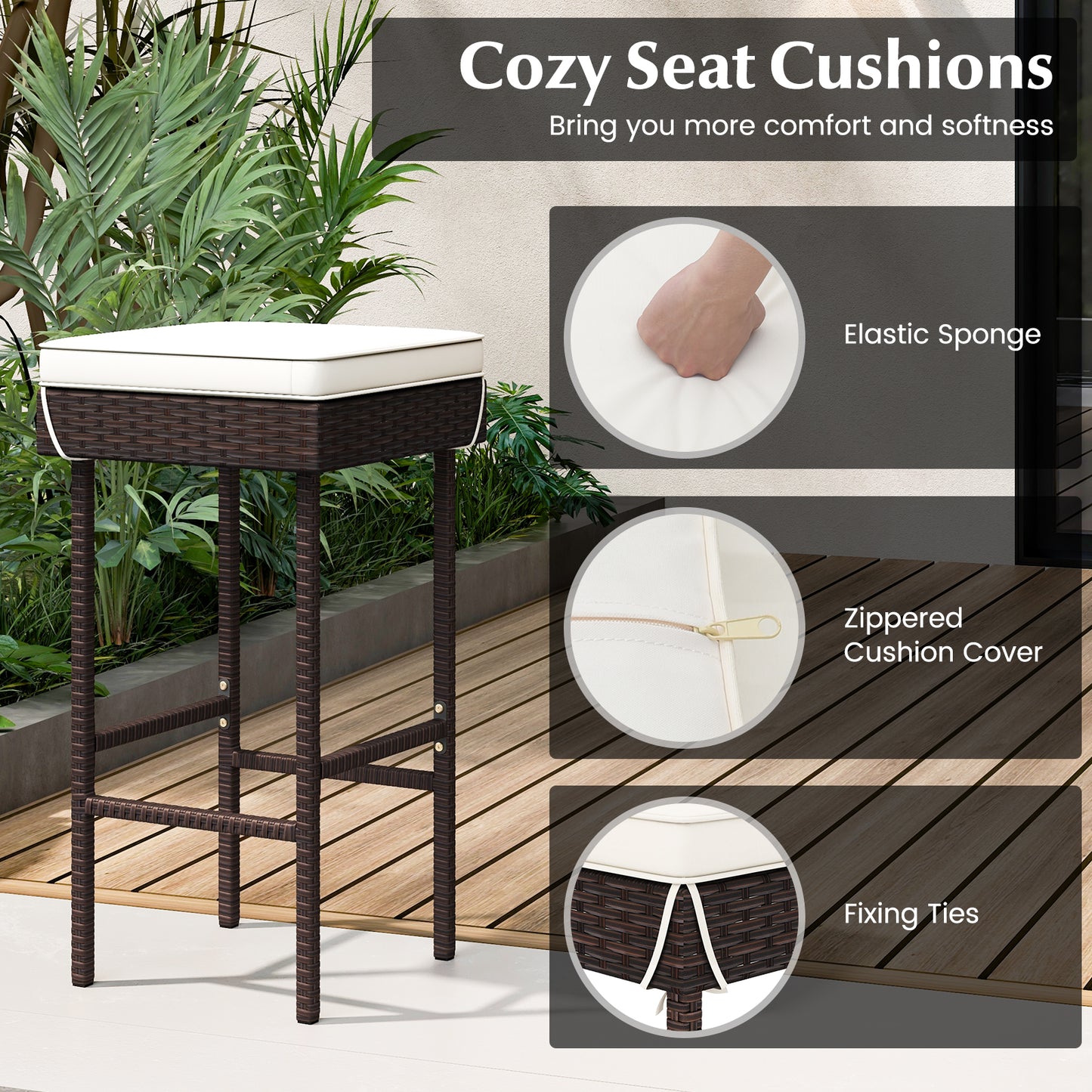 Ensemble de 4 tabourets de bar en rotin pour patio avec repose-pieds, coussins, blanc cassé