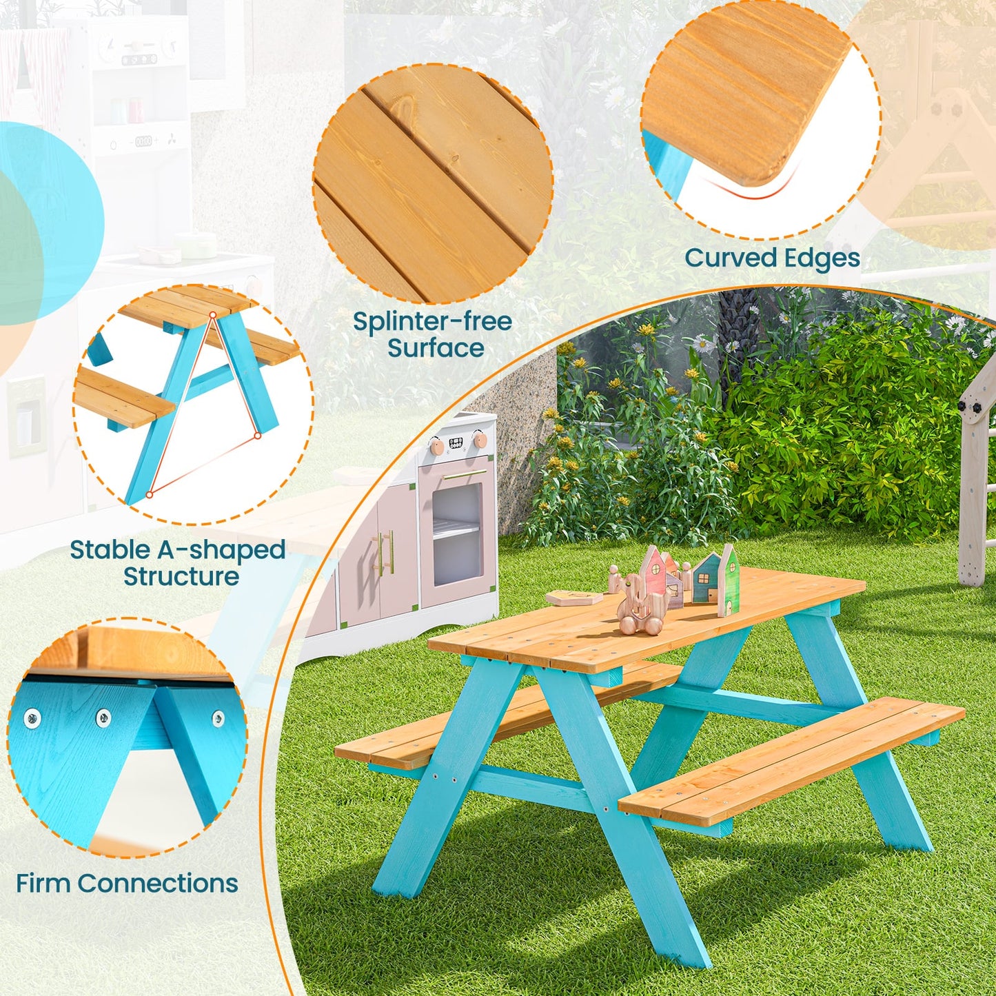 Children Outdoor Wooden Table With Bench Seats, Natural Kids Table & Chair Sets at Gallery Canada