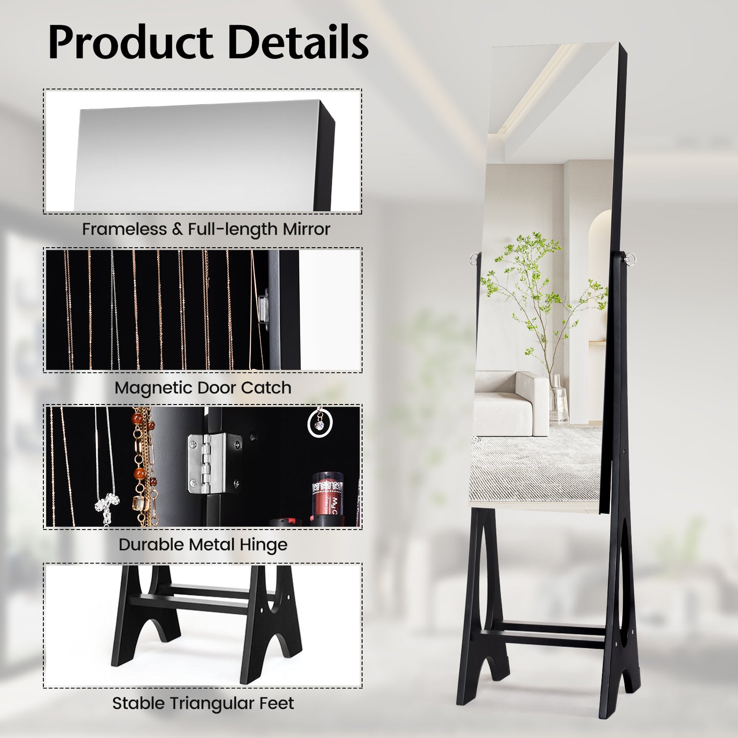 Standing Mirror Jewelry Cabinet, Black