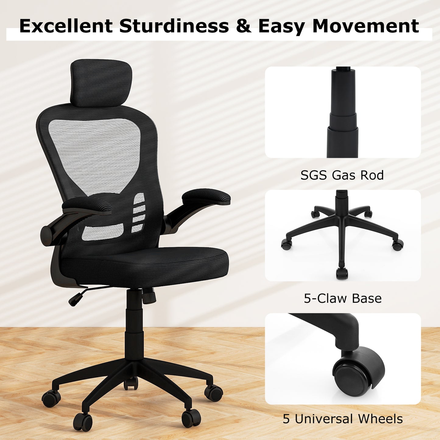 Chaise de bureau ergonomique en mesh, hauteur réglable, noir