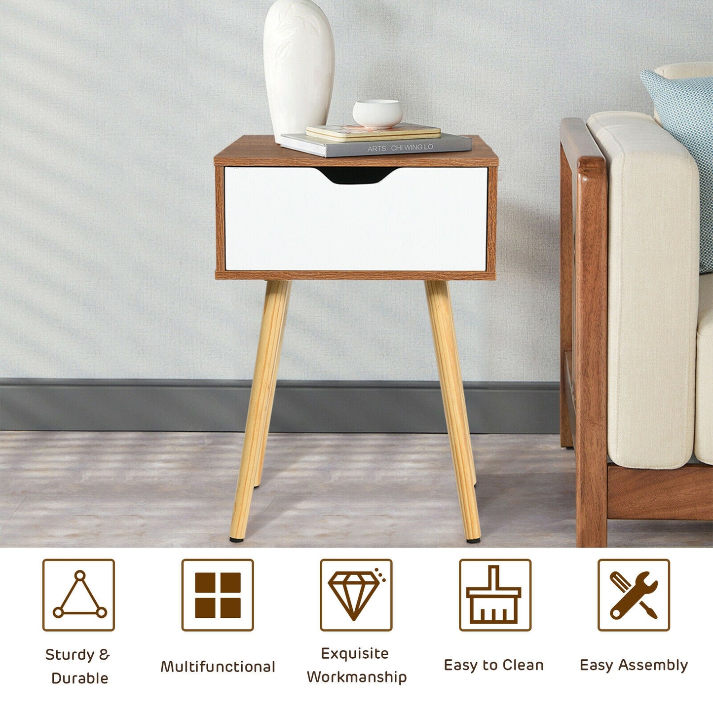 End Side Storage Drawer Nightstand with Solid Wooden Leg, Brown Nightstands at Gallery Canada