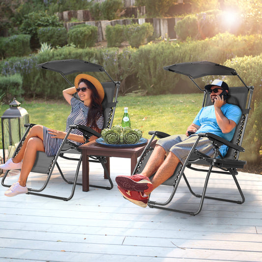 Folding Recliner Lounge Chair w/ Shade Canopy Cup Holder, Black Beach & Lawn Chairs Black at Gallery Canada