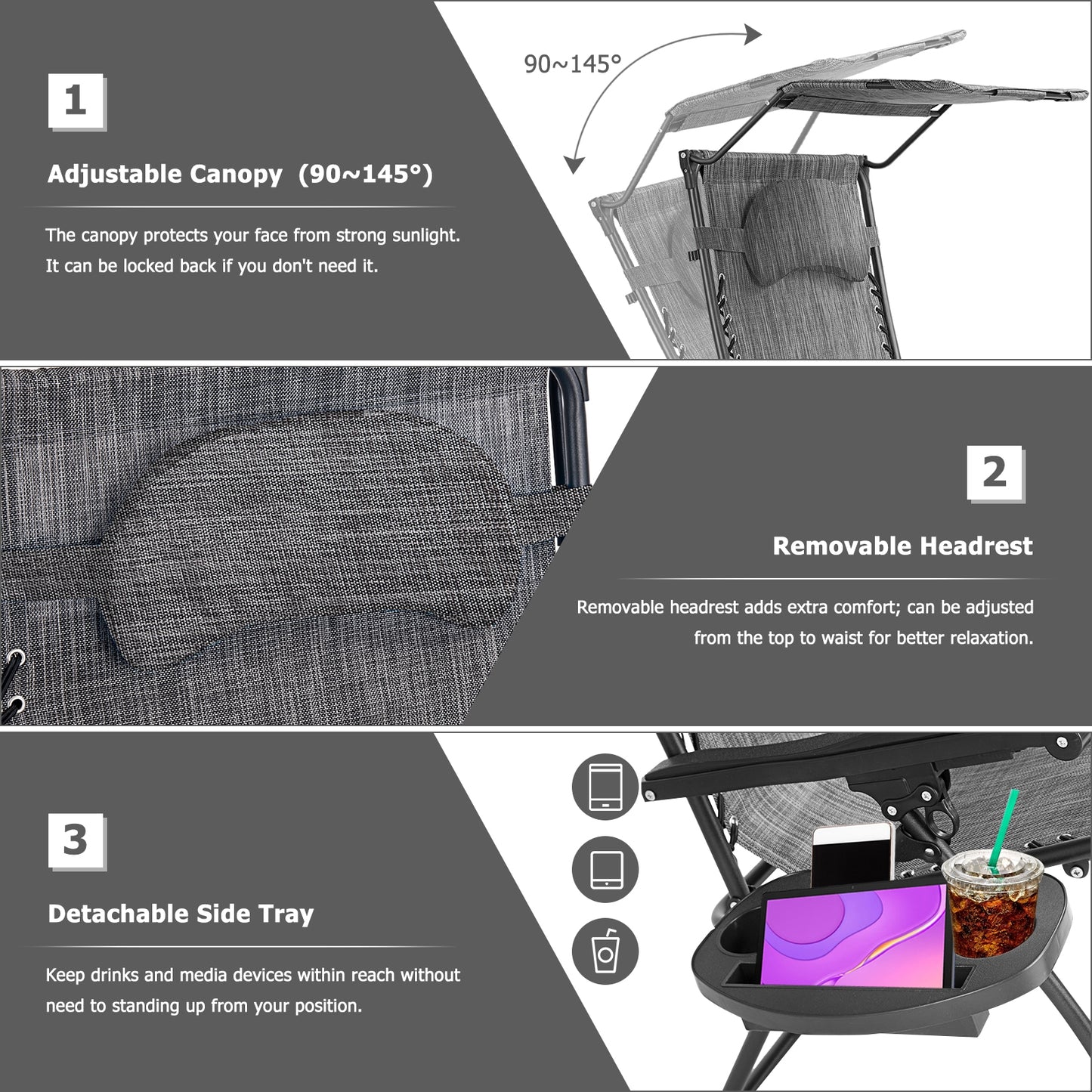 Folding Recliner Lounge Chair With Shade Canopy, Cup Holder, Gray Beach & Lawn Chairs at Gallery Canada