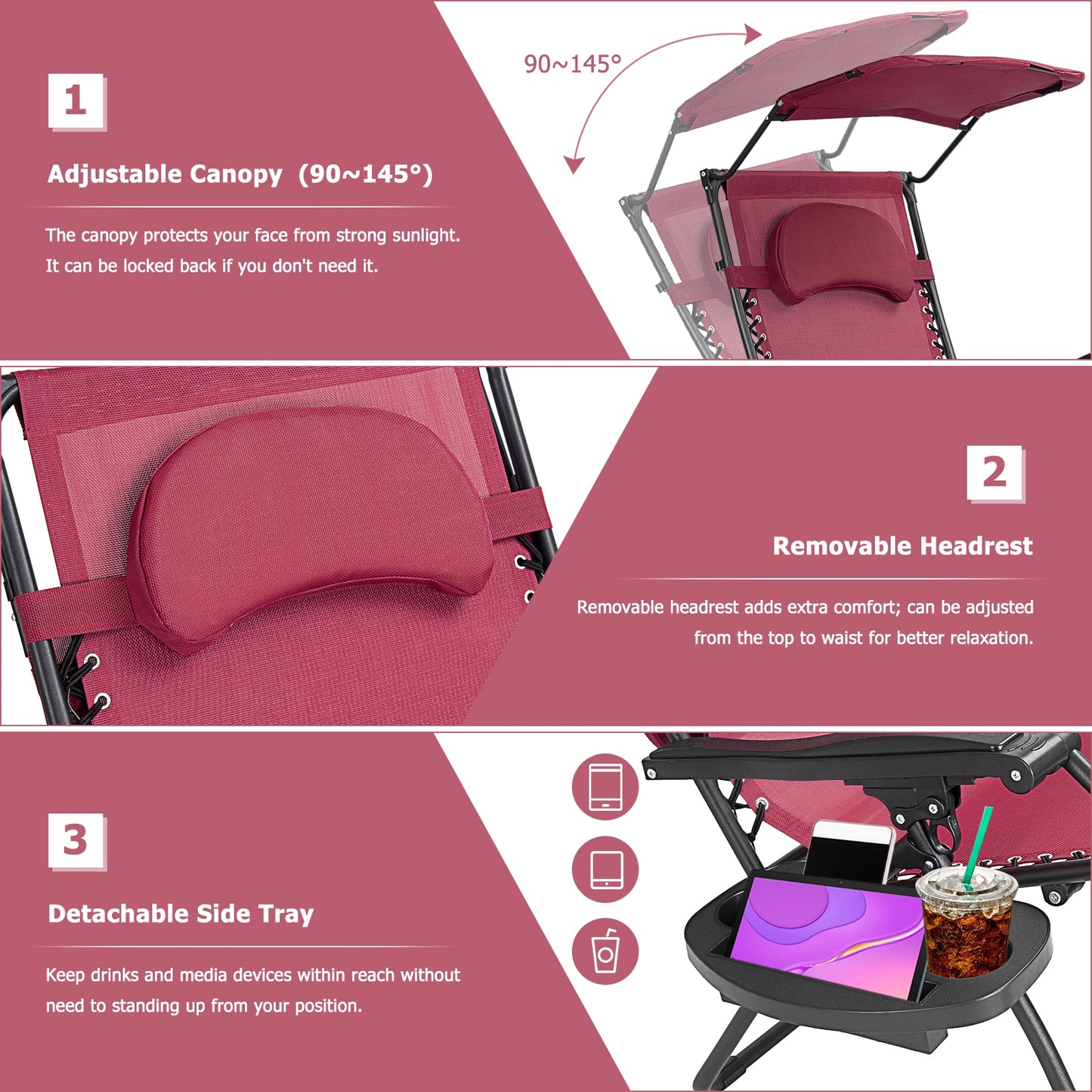 Folding Recliner Lounge Chair, Shade Canopy Cup Holder, Dark Red Beach & Lawn Chairs at Gallery Canada