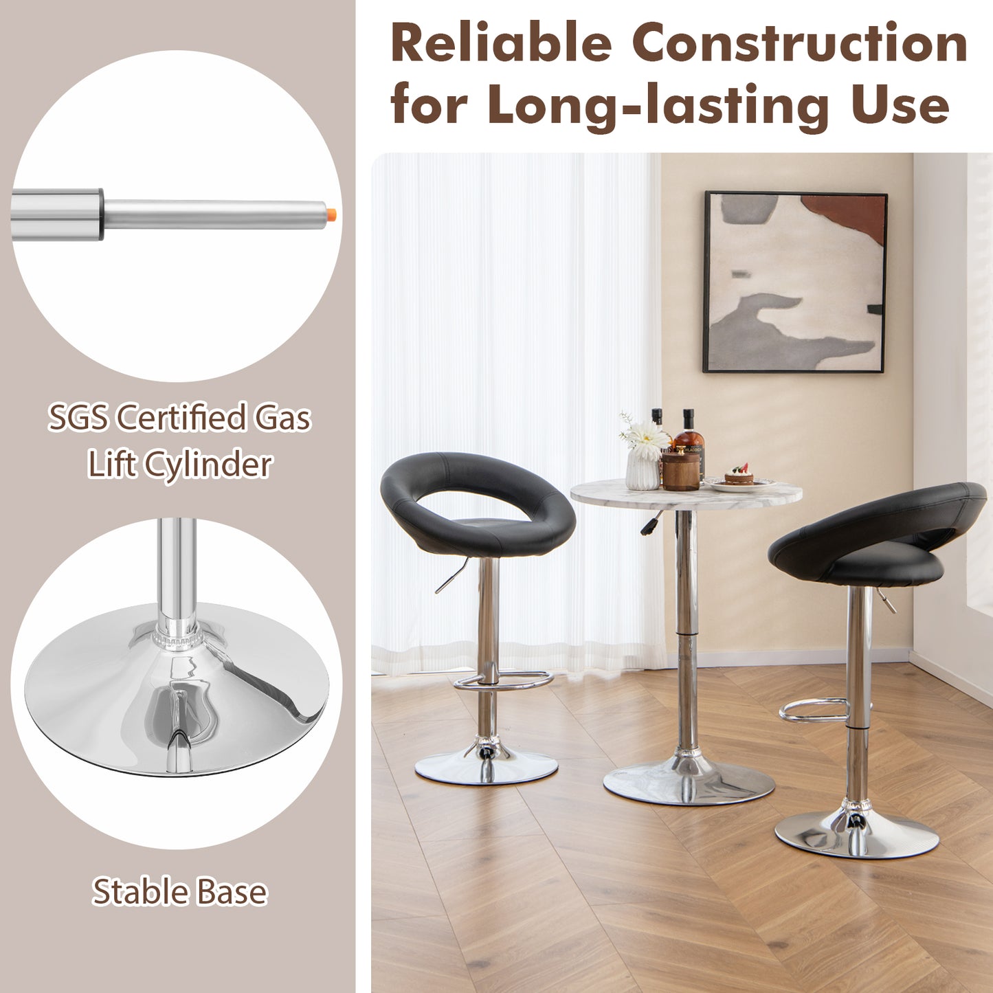 Height Adjustable Bar Stools Set of 2 with Hollow Back and Footrest, Black Bar Stools at Gallery Canada