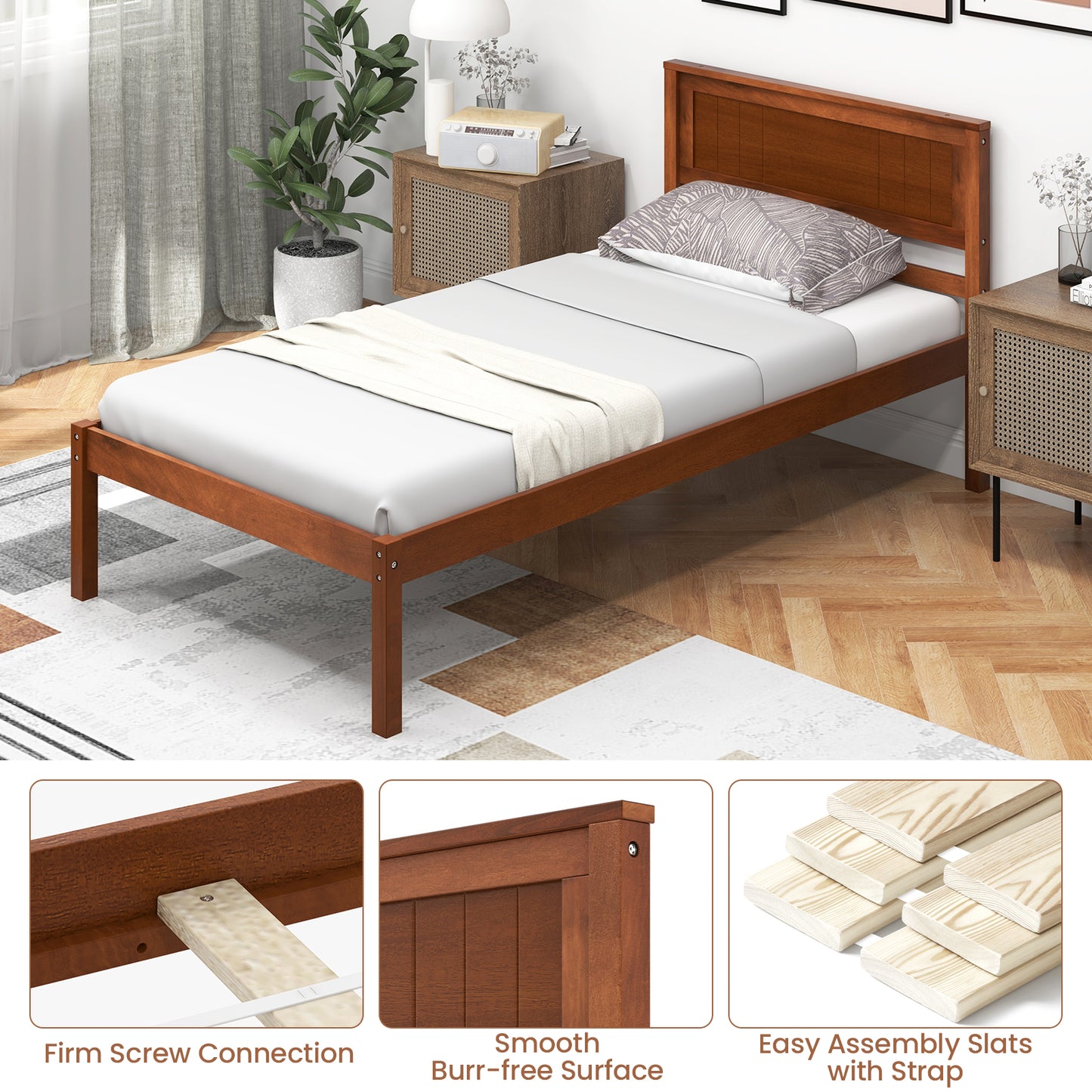 Twin Size Bed Frame With Wooden Headboard, Slat Support, Walnut Simple Bed Frame at Gallery Canada
