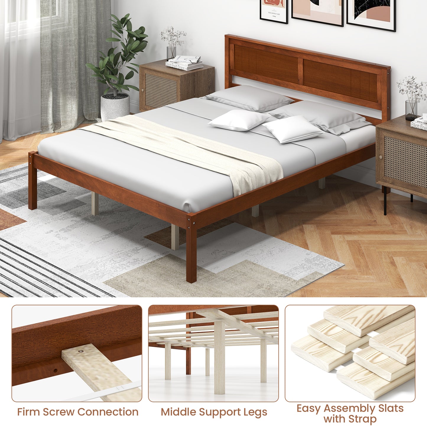 Queen Size Bed Frame With Wooden Headboard, Slat Support, Walnut Simple Bed Frame at Gallery Canada