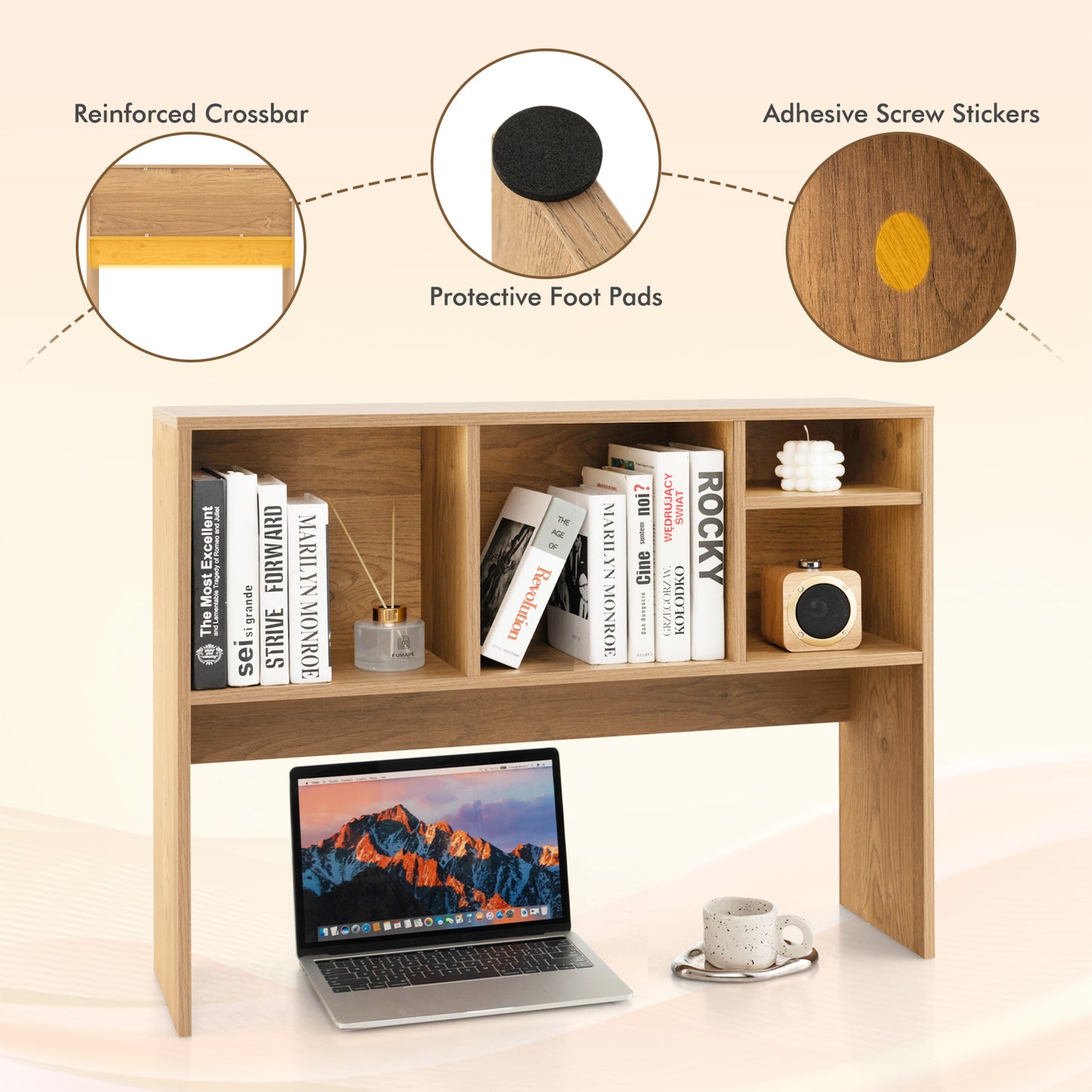 Computer Desktop Bookcase, 4 Cubbies, Open Back, Natural Bookcases at Gallery Canada