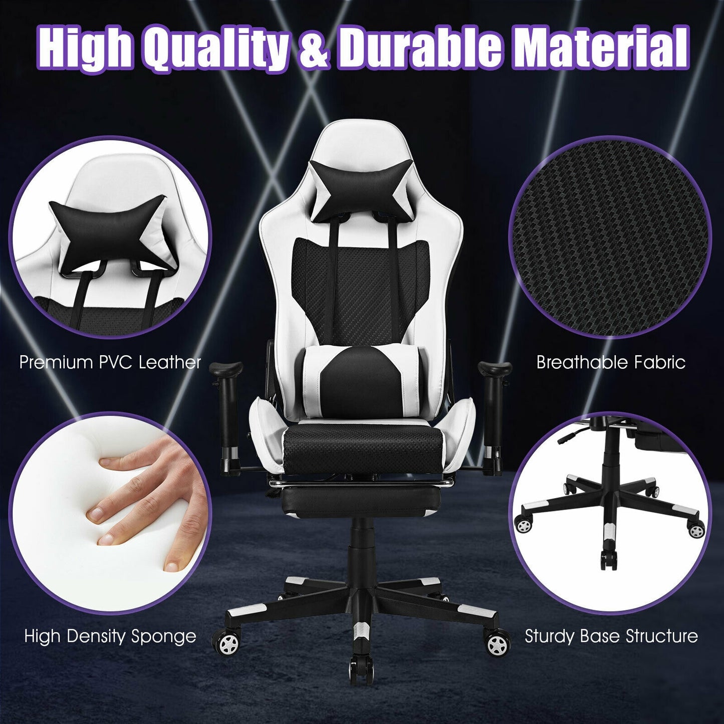 PU Leather Gaming Chair, USB Massage Lumbar Pillow, Footrest, White Gaming Chairs at Gallery Canada