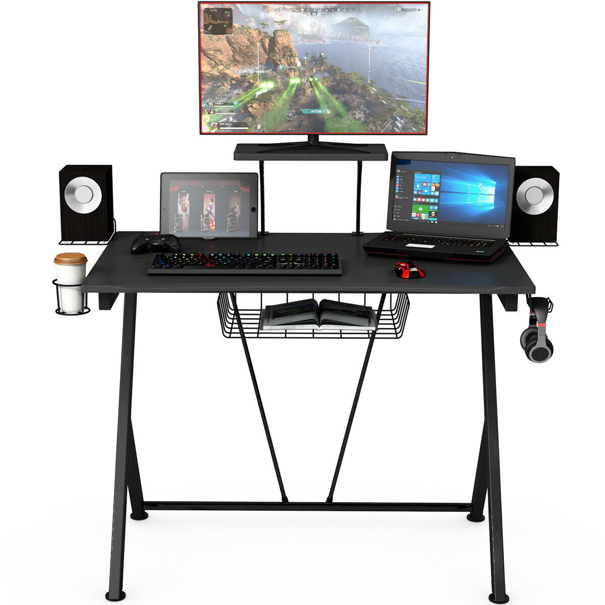 Multifunctional E-Sport Gaming Desk with Headset Hook and Cup Holder, Black Gaming Desks at Gallery Canada