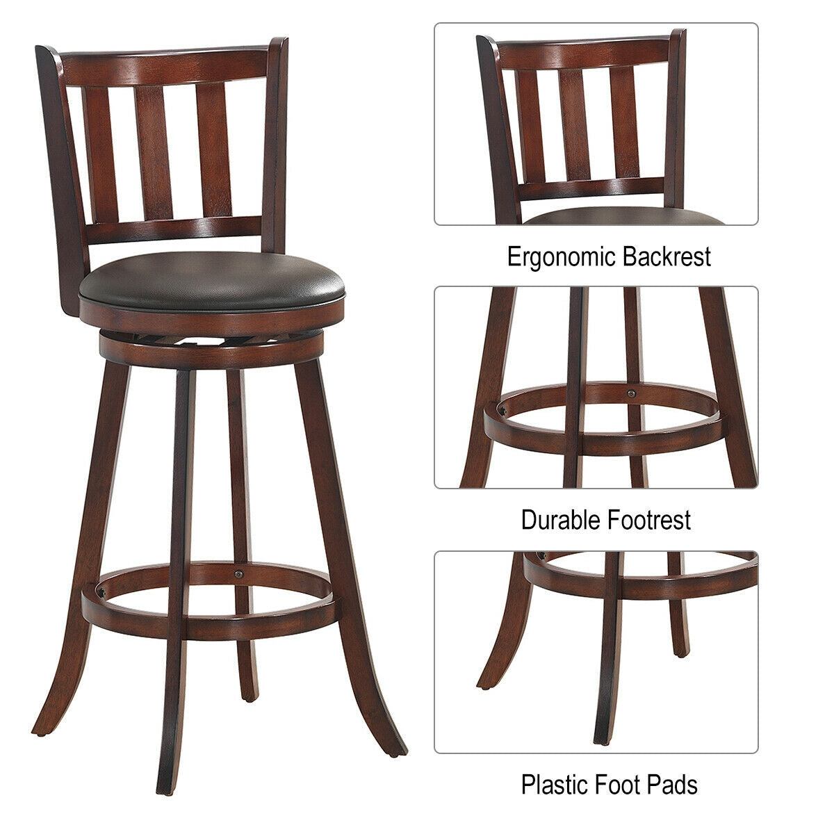 Set Of 2 Wood Swivel Counter Height Bar Stools, 29 Inch, Brown