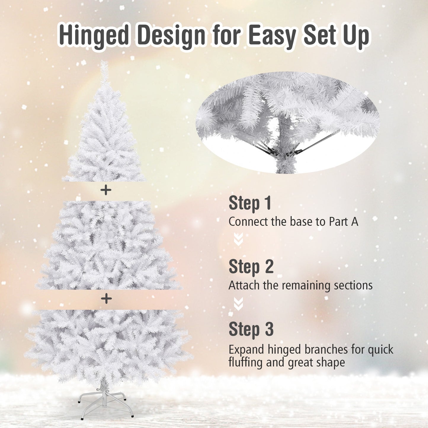 Hinged Artificial Christmas Tree, 7.5 Feet, Metal Stand, White