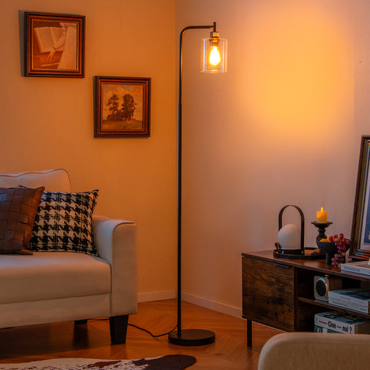 Modern Floor Lamp, Hanging Glass Lampshade, Foot Switch, Black