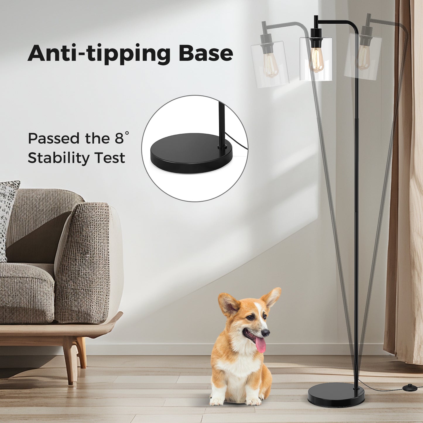 Lampe de sol moderne, abat-jour en verre suspendu, interrupteur au pied, noir