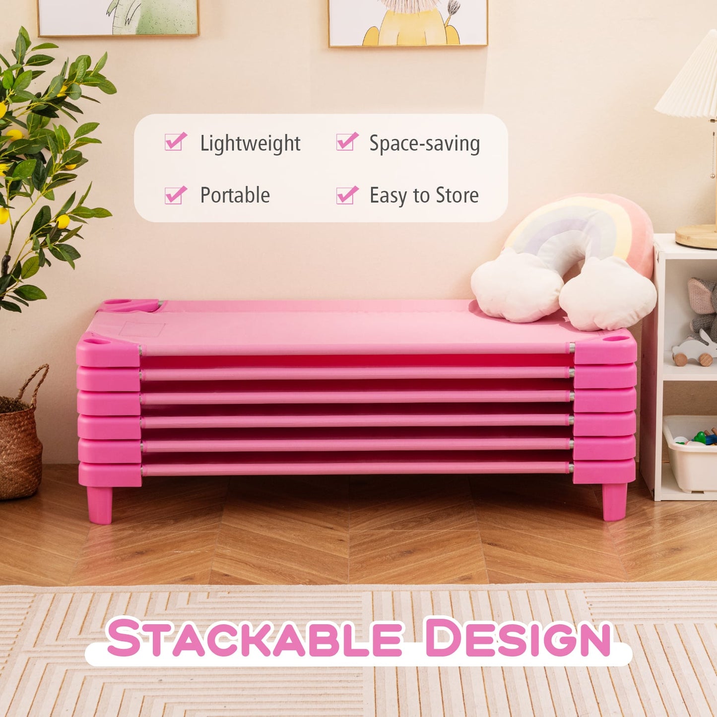 Kids Stackable Daycare Cot Pack Of 6, Detachable Oxford Cloth, Pink