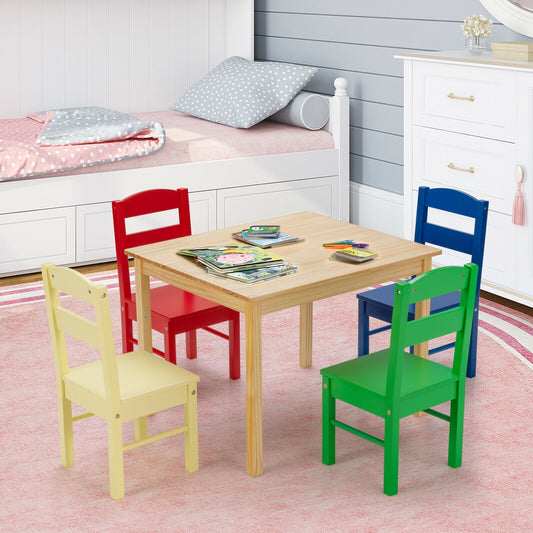 5 Pieces Kids Pine Wood Table Chair Set, Multicolor