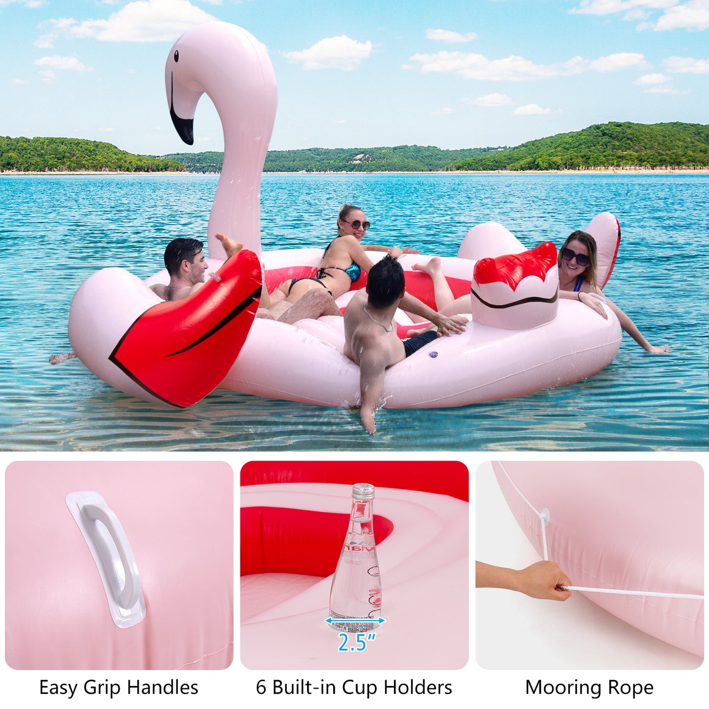 Île flottante gonflable flamant rose pour 6 personnes avec 6 porte-gobelets pour piscine et rivière, rose