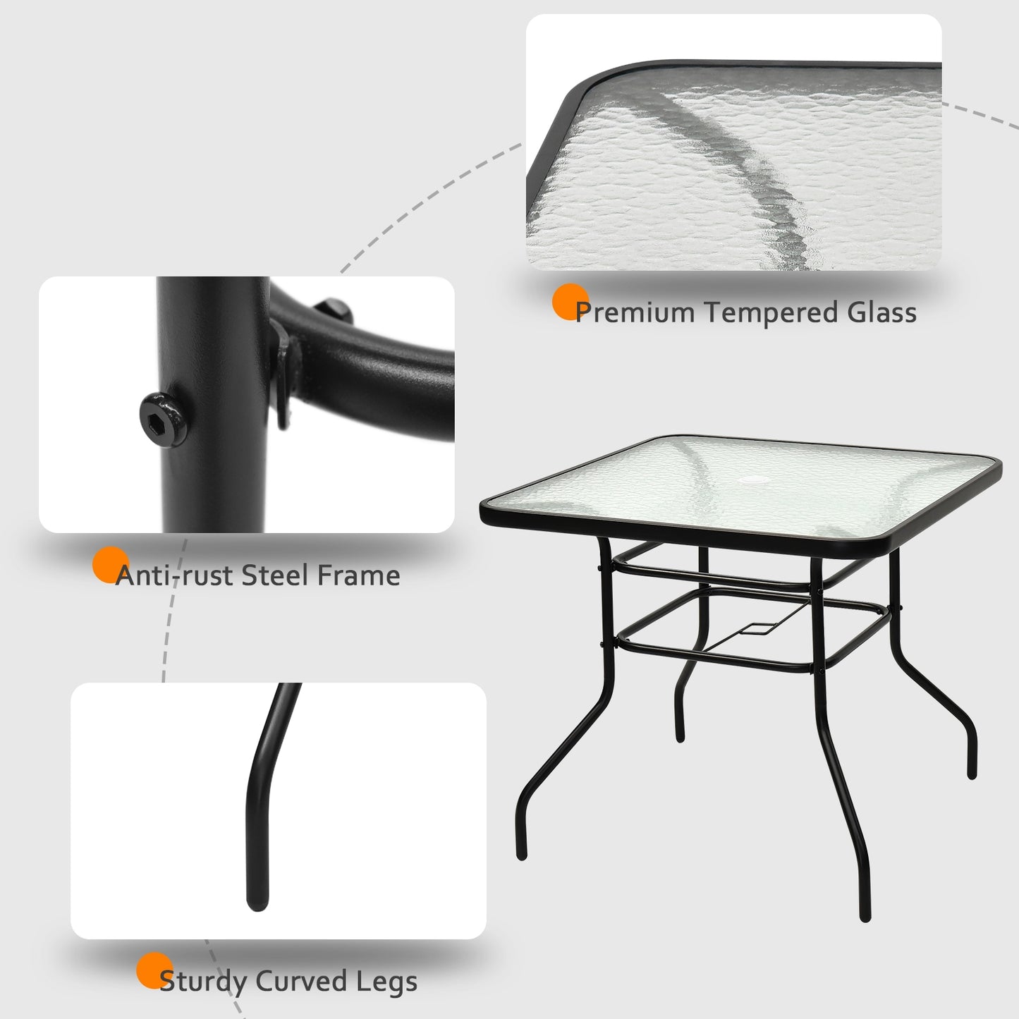 32 Inch Square Patio Table, Tempered Glass Steel Frame, Black