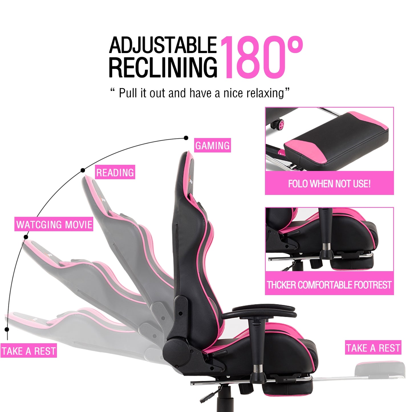 Massage Gaming Chair With Footrest, Pink