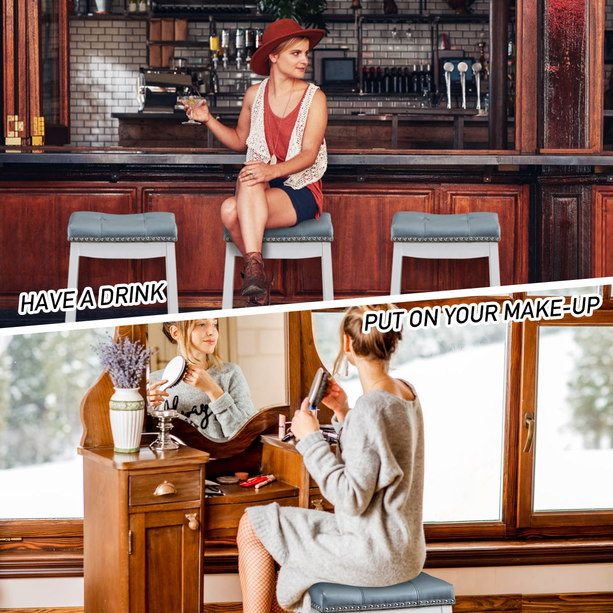 Set of 2 Nailhead Saddle Bar Stools, White Bar Stools at Gallery Canada