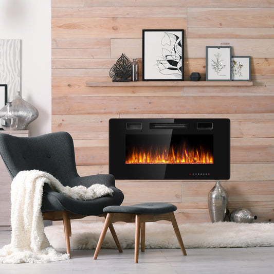 36 Inch Ultra Thin Wall Mounted Electric Fireplace, Black Fireplaces Black at Gallery Canada