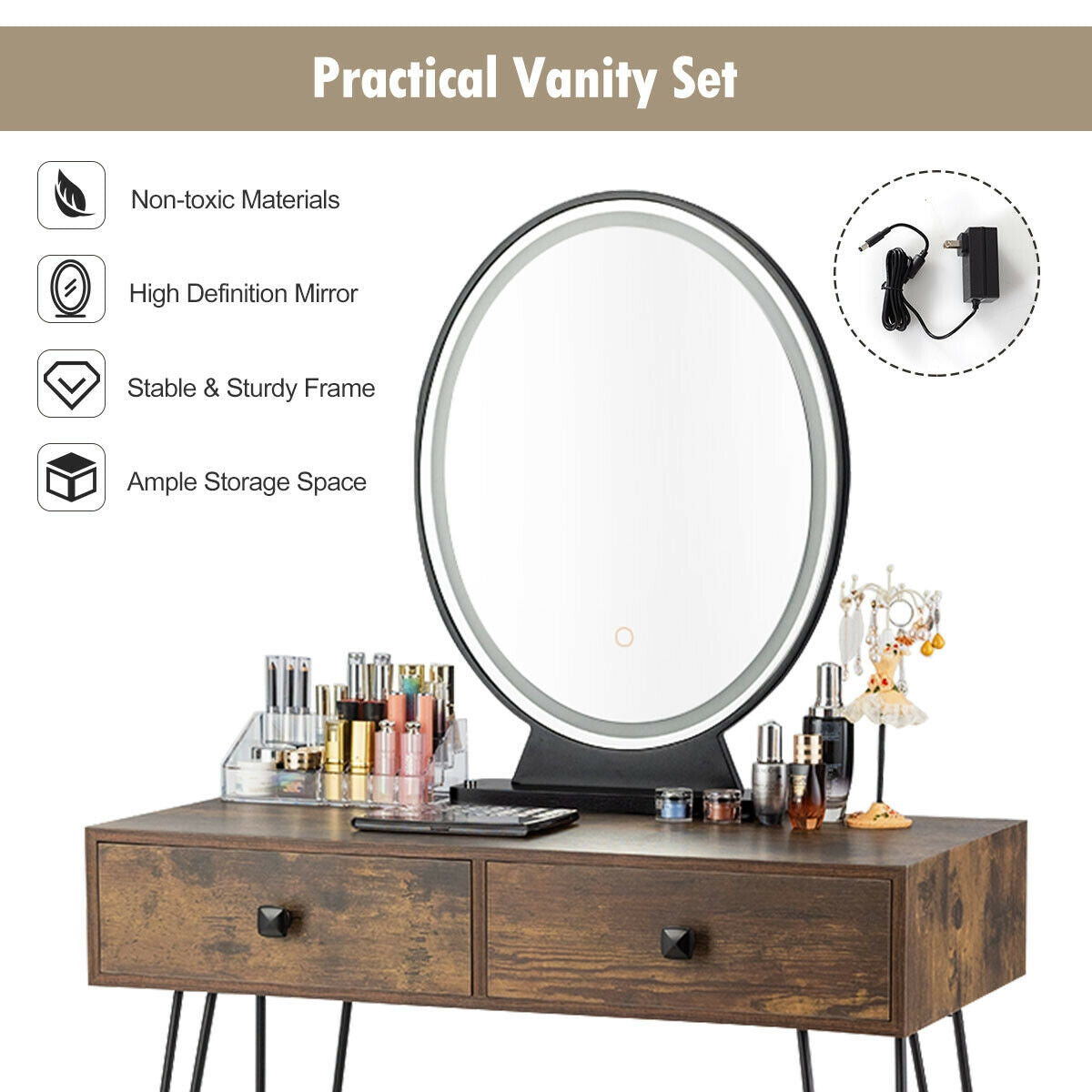 Industrial Makeup Dressing Table with 3 Lighting Modes, Rustic Brown Makeup Vanities at Gallery Canada