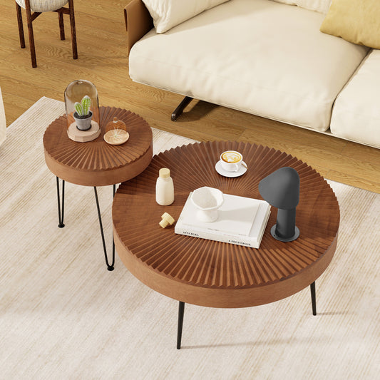Set of 2 Boho Round Coffee Table with Solid Pine Wood Top and Metal Legs, Brown Coffee Tables Brown at Gallery Canada