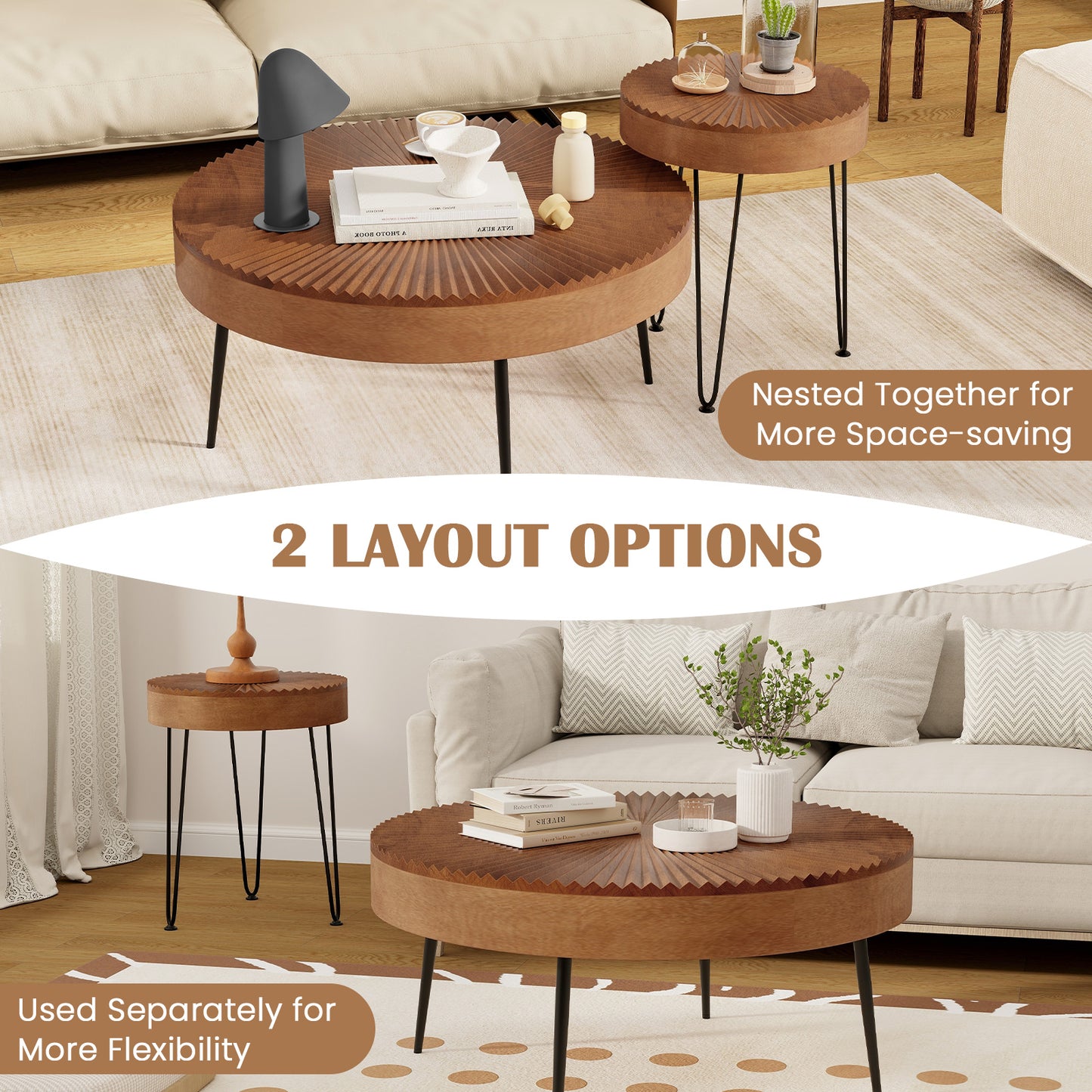 Ensemble de 2 tables basses rondes, plateau en pin massif, pieds en métal, marron
