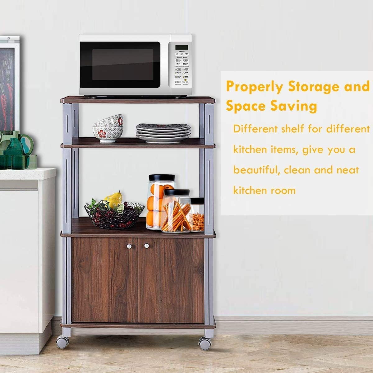 Microwave Rack Stand, Rolling Storage Cart, Walnut Baker's Racks at Gallery Canada