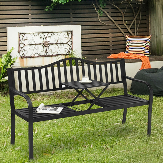 Patio Garden Bench Steel Frame with Adjustable Center Table, Black Outdoor Benches Black at Gallery Canada